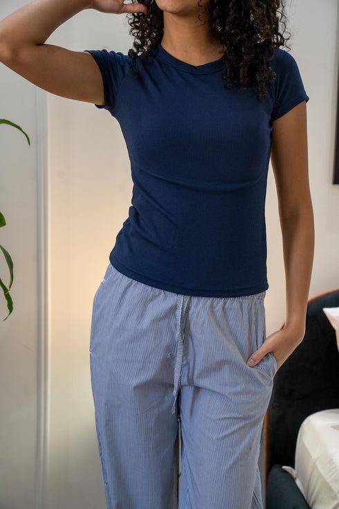 Women summer pajama set Dark Blue T-shirt + Dark Blue X White Stripes Pants